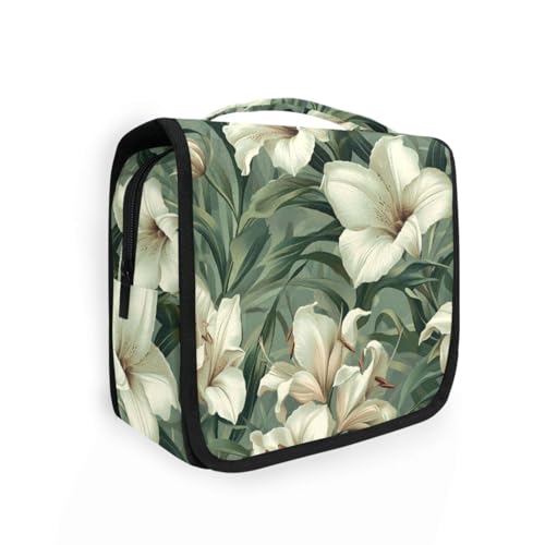 Vintage weiße Lilien-Make-up-Reisetasche mit Haken zum Aufhängen, erweiterbar, für Herren, Kreuzfahrten von KLL