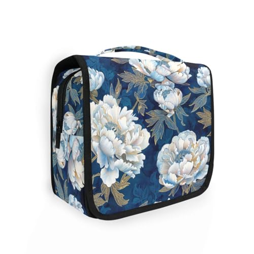 Weiße Pfingstrosen, dunkelblauer Hintergrund, für Damen, mit Haken zum Aufhängen, faltbar, zum Aufhängen, Make-up-Tasche, Hotel Weiße Pfingstrosen, dunkelblauer Hintergrund, für Damen, mit Haken zum Aufhängen, faltbar, zum Aufhängen, Make-up-Tasche, Hotel von KLL
