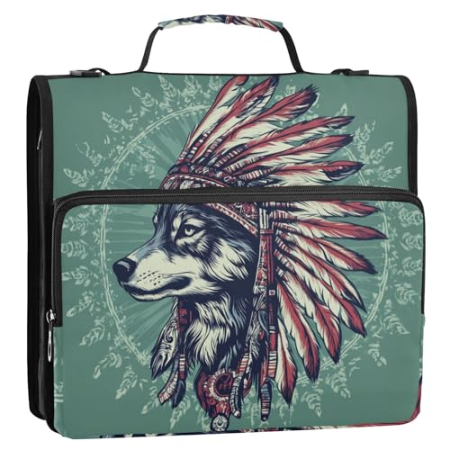 Western Cowboy Indianer Kopfschmuck Tribal Wolf Grün 3 Ringe Binder Reißverschluss mit Griff Inklusive Reißverschlusstasche Tragbares Portfolio für Schule und Büro Carpeta con cremallera von KLL