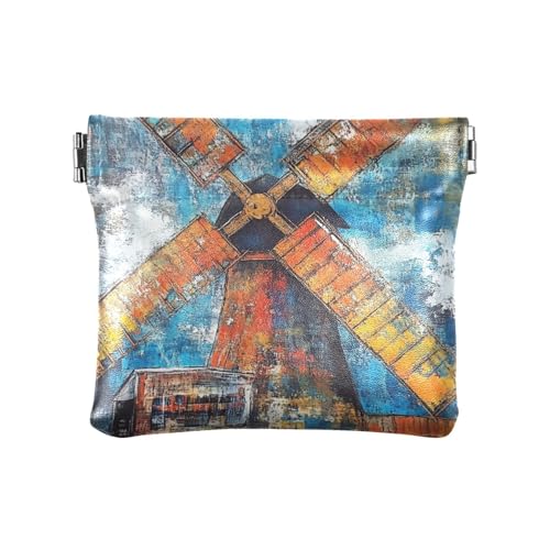 Windmühlen-Geldbörse, abstrakt, Retro, Aquarell, klein, Leder, niedlicher Schmuck für Frauen von KLL