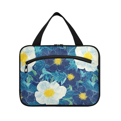 Woodblock Print Style Blue Flowers Hanging Bag for Women Travel with Hook, Designer Essential Shaving Kit Bags for Men for Men Hotel estuches para maquillaje L von KLL