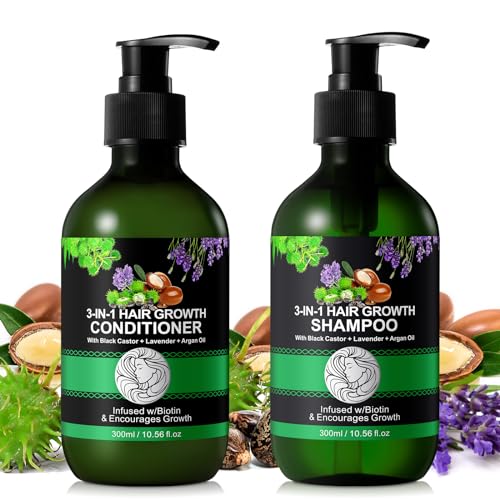 3-in-1 Shampoo und Conditioner Set –10,56 x 2 fl oz Shampoo- und Conditioner-Set aus schwarzem Rizinus- Lavendel- und Arganöl für Haarwachstum, sulfatfrei, gegen Haarausfall für Männer und Frauen (#1) von KLLALO