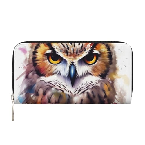 Aquarell-Geldbörse mit Eulenkopf, Leder, für Damen und Mädchen, mit Reißverschluss, lange PU-Geldbörse, Clutch, wasserdicht, Reisehandtasche von KLLTYHMU