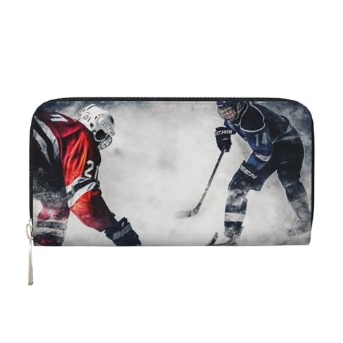 Eishockey-Kunst-Ledergeldbörse für Damen und Mädchen, mit Reißverschluss, Kreditkartenhalter, lang, PU, Clutch, Geldbörse, wasserdicht, Reisehandtasche von KLLTYHMU