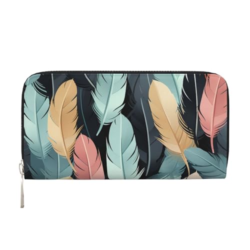 Feder-Ledergeldbörse für Damen und Mädchen, mit Reißverschluss, Kreditkartenhalter, lang, PU, Clutch, Geldbörse, wasserdicht, Reisehandtasche von KLLTYHMU
