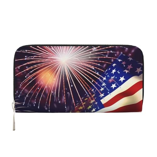 Geldbörse aus Leder mit Flagge, Feuerwerk, für Damen und Mädchen, mit Reißverschluss, Kreditkartenhalter, lang, PU, Clutch, Geldbörse, wasserdicht, Reisehandtasche von KLLTYHMU