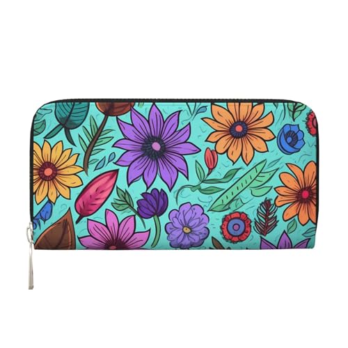 Geldbörse aus Leder mit farbigen Kritzelei-Blumen, für Damen und Mädchen, mit Reißverschluss, lange PU-Geldbörse, Clutch, wasserdicht, Reisehandtasche von KLLTYHMU