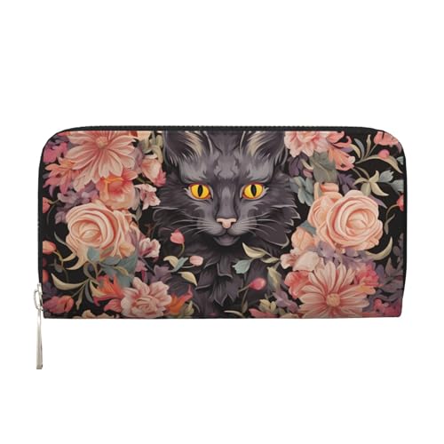 Geldbörse mit Katzenblumen-Verzierung, Leder, für Damen und Mädchen, mit Reißverschluss, Kreditkartenhalter, lange PU-Geldbörse, Clutch, wasserdicht, Reisehandtasche von KLLTYHMU