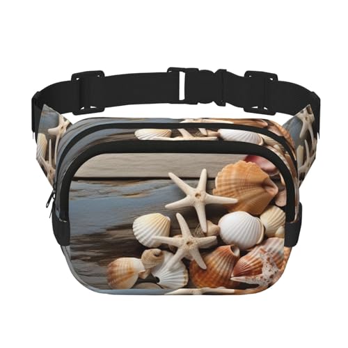 Gürteltasche für Damen und Herren, kleine modische Umhängetasche, leicht, mit Muscheln auf Holzbrett, Bauchtasche für Laufen, Workout, Wandern, Reisen Gürteltasche für Damen und Herren, kleine modische Umhängetasche, leicht, mit Muscheln auf Holzbrett, Bauchtasche für Laufen, Workout, Wandern, Reisen von KLLTYHMU