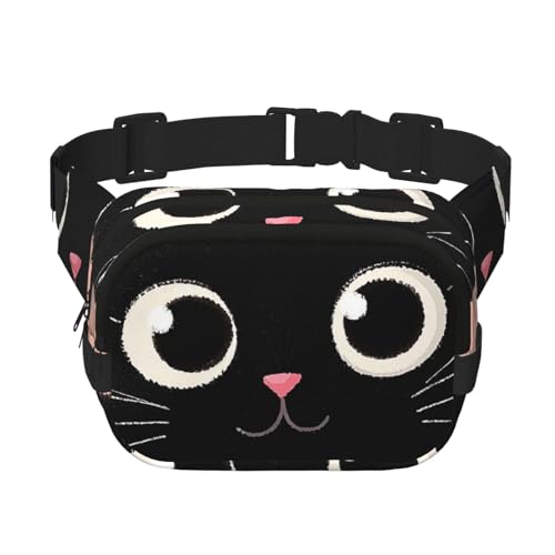 Gürteltasche für Damen und Herren, kleine modische Umhängetasche, leichte Schultertasche, Brusttasche, süßes schwarzes Katzengesicht mit großen Augen, Bauchtasche für Laufen, Workout, Wandern, Reisen von KLLTYHMU