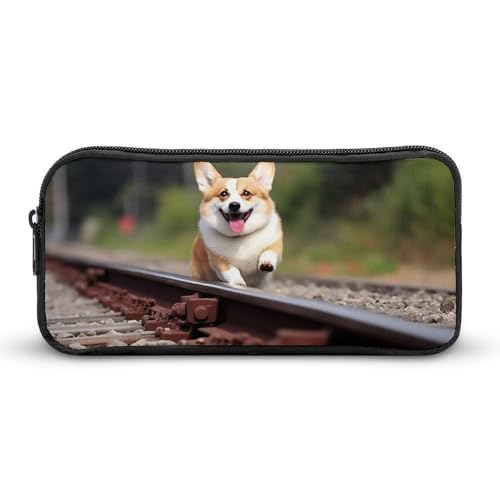 KLLTYHMU Corgi-dog Federmäppchen, Motiv: Laufen auf der Eisenbahn, großes Fassungsvermögen, niedliches Federmäppchen, Make-up-Kosmetiktasche für Damen und Herren von KLLTYHMU
