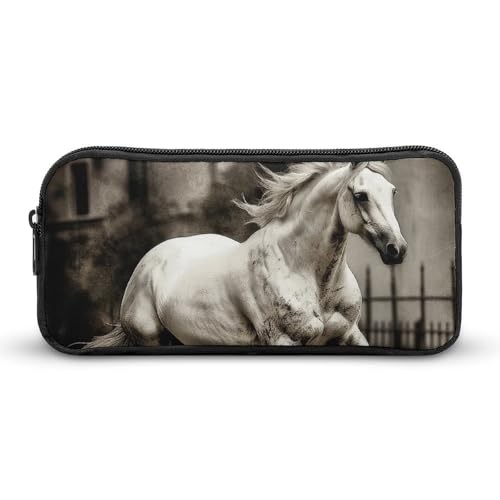 KLLTYHMU Federmäppchen, Motiv: Pferd in der Straße, großes Fassungsvermögen, niedliches Federmäppchen, Make-up-Kosmetiktasche für Damen und Herren von KLLTYHMU