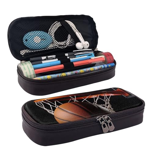KLLTYHMU Federmäppchen aus Leder, großes Fassungsvermögen, Aufbewahrungstasche mit Fächern, niedliches Federmäppchen, Basketball, Stiftebox, tragbare Kosmetiktasche, Make-up-Tasche, Basketball von KLLTYHMU