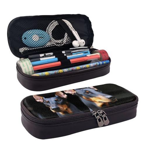 KLLTYHMU Federmäppchen aus Leder, großes Fassungsvermögen, Aufbewahrungstasche mit Fächern, niedliches Federmäppchen, Basketball, Stiftebox, tragbare Kosmetiktasche, Make-up-Tasche, Doberman von KLLTYHMU