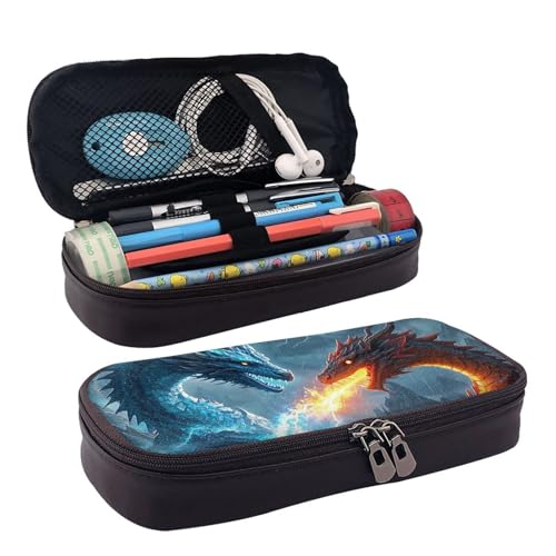 KLLTYHMU Federmäppchen aus Leder, großes Fassungsvermögen, Aufbewahrungstasche mit Fächern, niedliches Federmäppchen, Eisdrache und Feuerdrache, tragbare Kosmetiktasche, Make-up-Tasche von KLLTYHMU