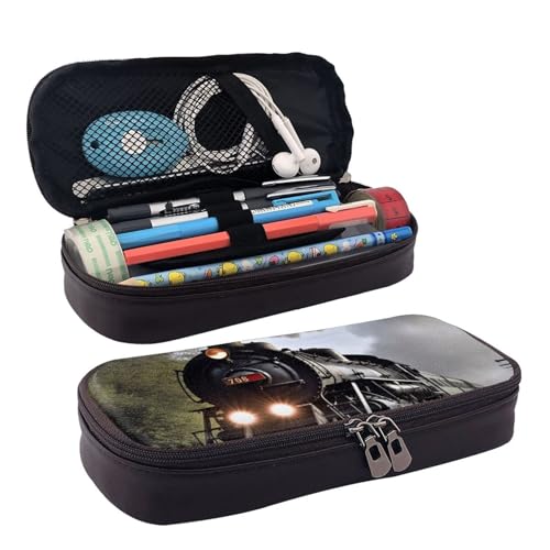 KLLTYHMU Federmäppchen aus Leder, großes Fassungsvermögen, Aufbewahrungstasche mit Fächern, niedliches Federmäppchen, Kirschfrucht, Stiftebox, tragbare Kosmetiktasche, Make-up-Tasche, Dampfzug von KLLTYHMU