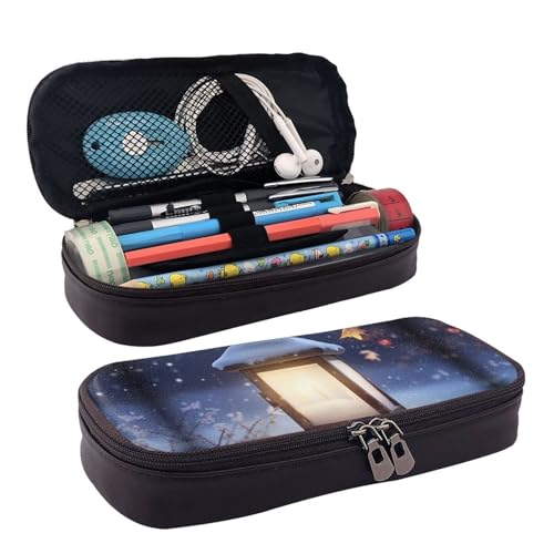 KLLTYHMU Federmäppchen aus Leder, großes Fassungsvermögen, Aufbewahrungstasche mit Fächern, niedliches Federmäppchen, Leopardenmuster, tragbar, Kosmetiktasche, Make-up-Tasche, Laterne Schnee von KLLTYHMU