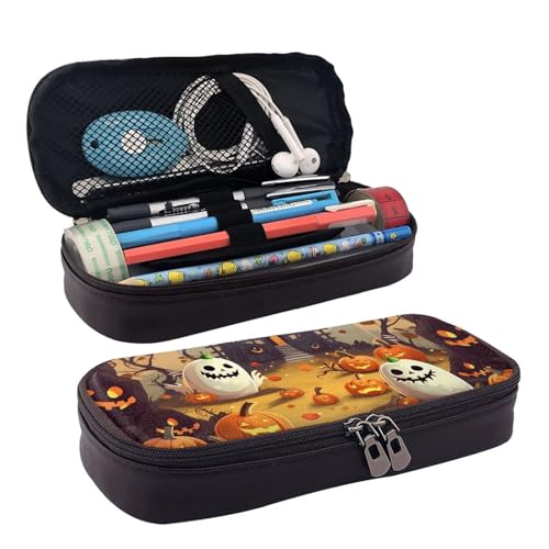 KLLTYHMU Federmäppchen aus Leder, großes Fassungsvermögen, Aufbewahrungstasche mit Fächern, niedliches Federmäppchen, Leopardenmuster, tragbare Kosmetiktasche, Make-up-Tasche, Halloween-Urlaub von KLLTYHMU