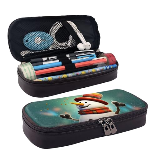 KLLTYHMU Federmäppchen aus Leder, großes Fassungsvermögen, Aufbewahrungstasche mit Fächern, niedliches Federmäppchen, Leopardenmuster, tragbare Kosmetiktasche, Make-up-Tasche, Lustiger Schneemann von KLLTYHMU