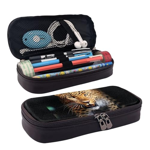 KLLTYHMU Federmäppchen aus Leder, großes Fassungsvermögen, Aufbewahrungstasche mit Fächern, niedliches Federmäppchen, Leopardenmuster, tragbare Kosmetiktasche, Make-up-Tasche, leopard, Einheitsgröße von KLLTYHMU