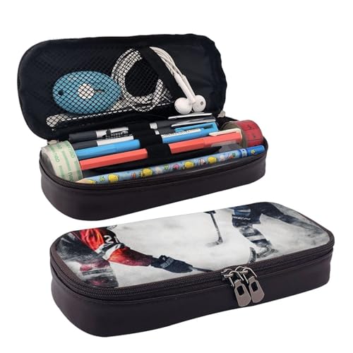 KLLTYHMU Federmäppchen aus Leder, großes Fassungsvermögen, Aufbewahrungstasche mit Fächern, niedliches Federmäppchen, Schäferhund, tragbare Kosmetiktasche, Make-up-Tasche, Eishockey-Kunst von KLLTYHMU