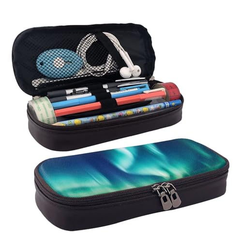 KLLTYHMU Federmäppchen aus Leder, großes Fassungsvermögen, Aufbewahrungstasche mit Fächern, niedliches Federmäppchen, Schäferhund, tragbare Kosmetiktasche, Make-up-Tasche, Nordlichter, Einheitsgröße von KLLTYHMU