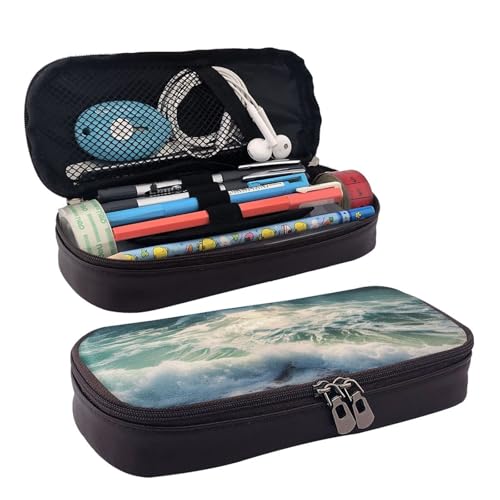 KLLTYHMU Federmäppchen aus Leder, großes Fassungsvermögen, Aufbewahrungstasche mit Fächern, niedliches Federmäppchen, Strandlandschaft, Stiftebox, tragbare Kosmetiktasche, Make-up-Tasche, Meer auf den von KLLTYHMU