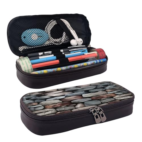 KLLTYHMU Federmäppchen aus Leder, großes Fassungsvermögen, Aufbewahrungstasche mit Fächern, niedliches Federmäppchen, Strandlandschaft, Stiftebox, tragbare Kosmetiktasche, Make-up-Tasche, stone von KLLTYHMU