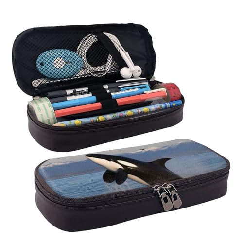 KLLTYHMU Federmäppchen aus Leder, großes Fassungsvermögen, Aufbewahrungstasche mit Fächern, niedliches Federmäppchen, Waschbär, Stiftebox, tragbare Kosmetiktasche, Make-up-Tasche, Killerwal von KLLTYHMU