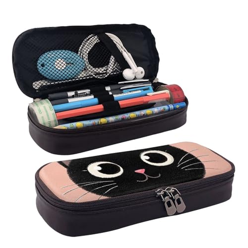 KLLTYHMU Federmäppchen aus Leder, großes Fassungsvermögen, Aufbewahrungstasche mit Fächern, niedliches Federmäppchen, niedliches Cartoon-Design, schwarze Katze, Stiftebox, tragbare Kosmetiktasche von KLLTYHMU