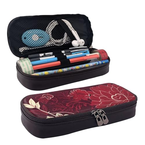KLLTYHMU Federmäppchen aus Leder, großes Fassungsvermögen, Aufbewahrungstasche mit Fächern, niedliches Federmäppchen, rote Blume, Stiftebox, tragbare Kosmetiktasche, Make-up-Tasche, Red Flower von KLLTYHMU