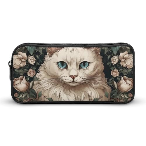 KLLTYHMU Federmäppchen mit Blättern und weißen Katzen, großes Fassungsvermögen, niedliches Federmäppchen, Make-up-Kosmetiktasche für Damen und Herren von KLLTYHMU