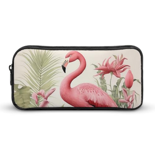 KLLTYHMU Federmäppchen mit Flamingo und Blättern, großes Fassungsvermögen, niedliches Federmäppchen, Make-up-Kosmetiktasche für Damen und Herren von KLLTYHMU