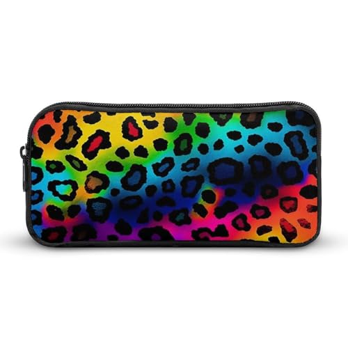 KLLTYHMU Federmäppchen mit Regenbogen-Leopardenmuster, großes Fassungsvermögen, niedliches Federmäppchen, Make-up-Kosmetiktasche für Damen und Herren von KLLTYHMU