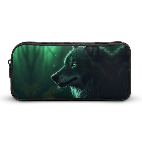 KLLTYHMU Federmäppchen mit grünem Wolf, großes Fassungsvermögen, niedliches Federmäppchen, Make-up-Kosmetiktasche für Damen und Herren von KLLTYHMU