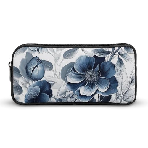 KLLTYHMU Handbemaltes Federmäppchen mit blauen Blumen, großes Fassungsvermögen, niedliches Federmäppchen, Make-up-Kosmetiktasche für Damen und Herren von KLLTYHMU