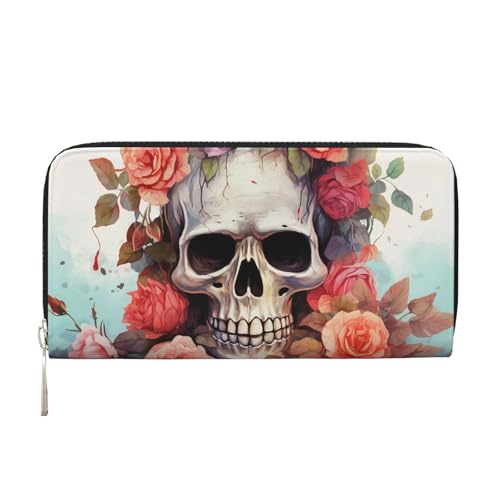 Niedliches Skelett mit Blumen, Ledergeldbörse für Damen und Mädchen, mit Reißverschluss, Kreditkartenhalter, lange PU-Geldbörse, Clutch, Geldbörse, wasserdicht, Reisehandtasche von KLLTYHMU