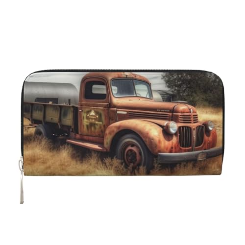 Old Truck Auto Leder Geldbörse für Frauen Mädchen, Reißverschluss rund Kreditkartenhalter Lange PU Geldbörse Clutch Geldbörse Wasserdichte Reisehandtasche von KLLTYHMU