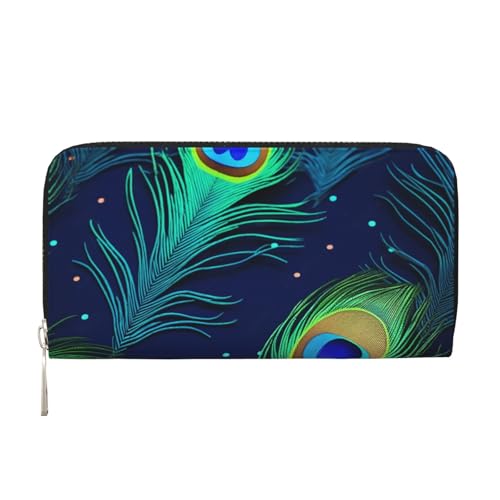 Pfauenfeder-Ledergeldbörse für Damen und Mädchen, mit Reißverschluss, Kreditkartenhalter, lang, PU, Clutch, Geldbörse, wasserdicht, Reisehandtasche von KLLTYHMU