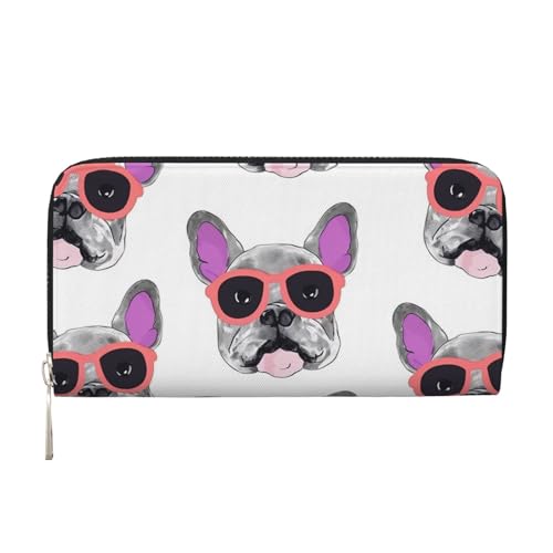 Portemonnaie aus Leder, Motiv: Französische Bulldogge, rosa Brille, für Damen und Mädchen, mit Reißverschluss, lange PU-Geldbörse, Clutch, wasserdicht, Reisehandtasche von KLLTYHMU