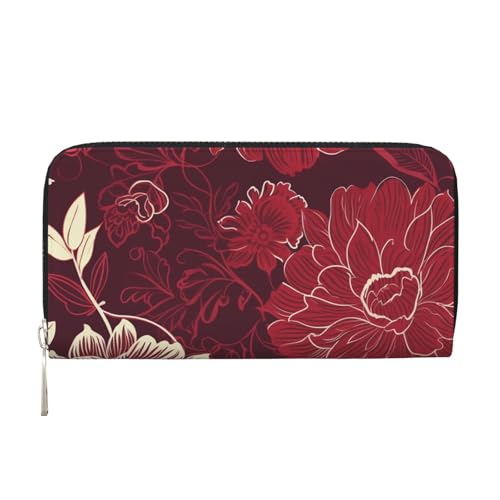 Rote Blumen-Leder-Geldbörse für Damen und Mädchen, mit Reißverschluss, Kreditkartenhalter, lange PU-Geldbörse, Clutch, Geldbörse, wasserdicht, Reisehandtasche von KLLTYHMU