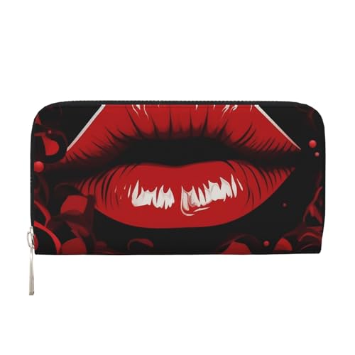 Rote Lippen, Ledergeldbörse für Damen und Mädchen, mit Reißverschluss, Kreditkartenhalter, lang, PU, Clutch, Geldbörse, wasserdicht, Reisehandtasche von KLLTYHMU