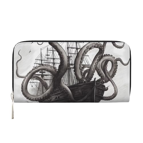 Schwarze und weiße Geldbörse aus Leder mit Oktopus- und Schiffsleder-Geldbörse für Damen und Mädchen, mit Reißverschluss, lange PU-Geldbörse, Clutch, wasserdicht, Reisehandtasche Schwarze und weiße Geldbörse aus Leder mit Oktopus- und Schiffsleder-Geldbörse für Damen und Mädchen, mit Reißverschluss, lange PU-Geldbörse, Clutch, wasserdicht, Reisehandtasche von KLLTYHMU