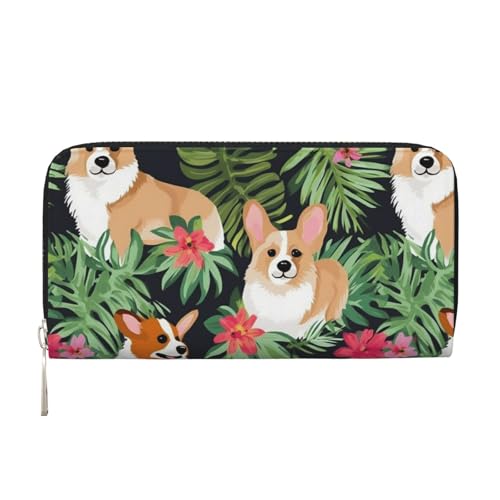 Tropische Blume und Corgi-Ledergeldbörse für Damen und Mädchen, mit Reißverschluss, Kreditkartenhalter, lange PU-Geldbörse, Clutch, wasserdicht, Reisehandtasche Tropische Blume und Corgi-Ledergeldbörse für Damen und Mädchen, mit Reißverschluss, Kreditkartenhalter, lange PU-Geldbörse, Clutch, wasserdicht, Reisehandtasche von KLLTYHMU
