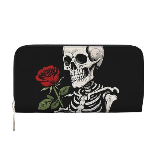 Vintage Totenkopf Rosenkranz Leder Geldbörse für Frauen Mädchen Reißverschluss Kreditkartenhalter Lange PU Geldbörse Clutch Geldbörse Wasserdichte Reisehandtasche von KLLTYHMU