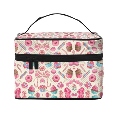 Bunte Kosmetiktasche für Reisen, Motiv: Süßer Lutscher, Cupcake, Donut, Reise-Kosmetiktasche, Kosmetik-Werkzeugkasten, Kosmetik-Organizer, Schwarz , Einheitsgröße von KLMELLMDE