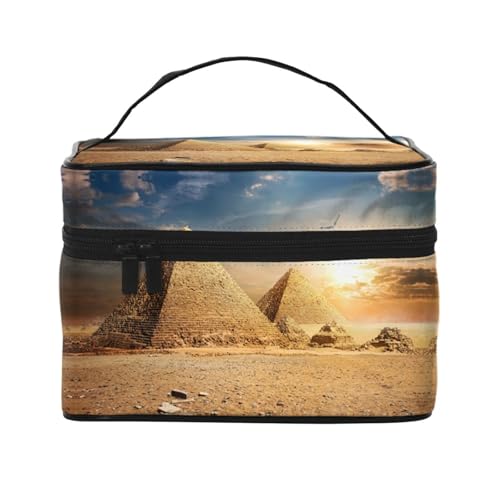 Große Kapazität Reise Ägyptische Pyramide in Wüste Kosmetiktasche Canvas Damen Kulturbeutel Multi Pocket Kosmetiktasche mit Griff Weihnachten Urlaub Kosmetiktasche, Schwarz , Einheitsgröße von KLMELLMDE