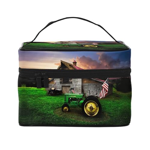 Große Kapazität Reise Alter Traktor Foto Bauernhof Kosmetiktasche Canvas Damen Kulturbeutel Multi Pocket Kosmetiktasche mit Griff Weihnachten Urlaub Kosmetiktasche, Schwarz , Einheitsgröße von KLMELLMDE