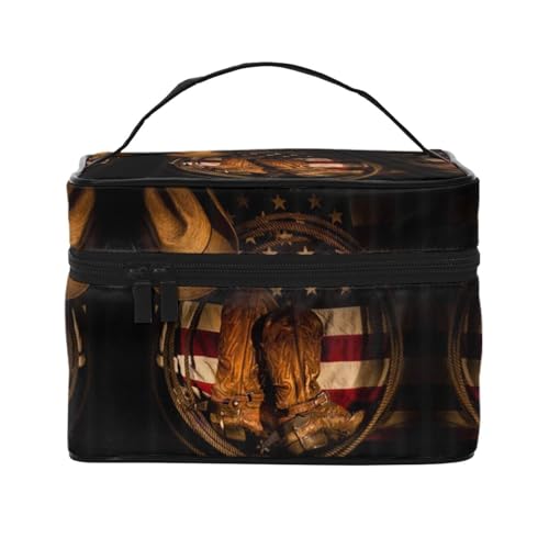 Große Kapazität Reise Amerikanische Flagge mit Cowboystiefeln Kosmetiktasche Canvas Damen Kulturbeutel Multi Pocket Kosmetiktasche mit Griff Weihnachten Urlaub Kosmetiktasche, Schwarz , Einheitsgröße von KLMELLMDE