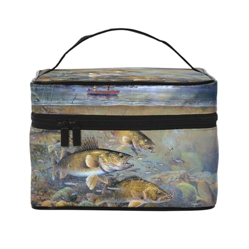 Große Kapazität Reise Angeln See Fischer Kosmetiktasche Canvas Damen Kulturbeutel Multi Pocket Kosmetiktasche mit Griff Weihnachten Urlaub Kosmetiktasche, Schwarz , Einheitsgröße von KLMELLMDE